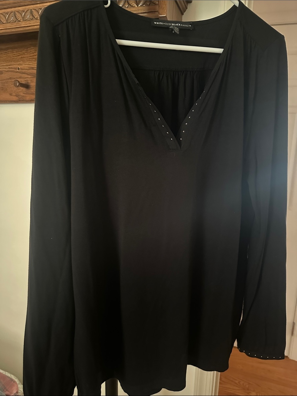 White House Black Market Black Long-Sleeve V-Neck Top with Stud Detail L